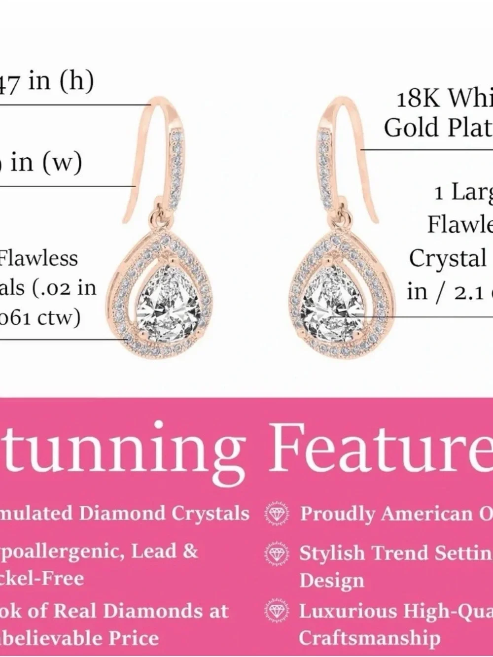 Cate & Chloe 18k Rose Gold Plated Delicate Teardrop Crystal Earrings NEW!